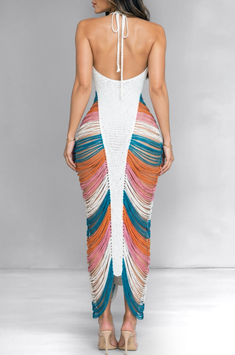 Ivory Multi Color Crochet Halter Fringe Maxi Dress – Hot Miami Styles