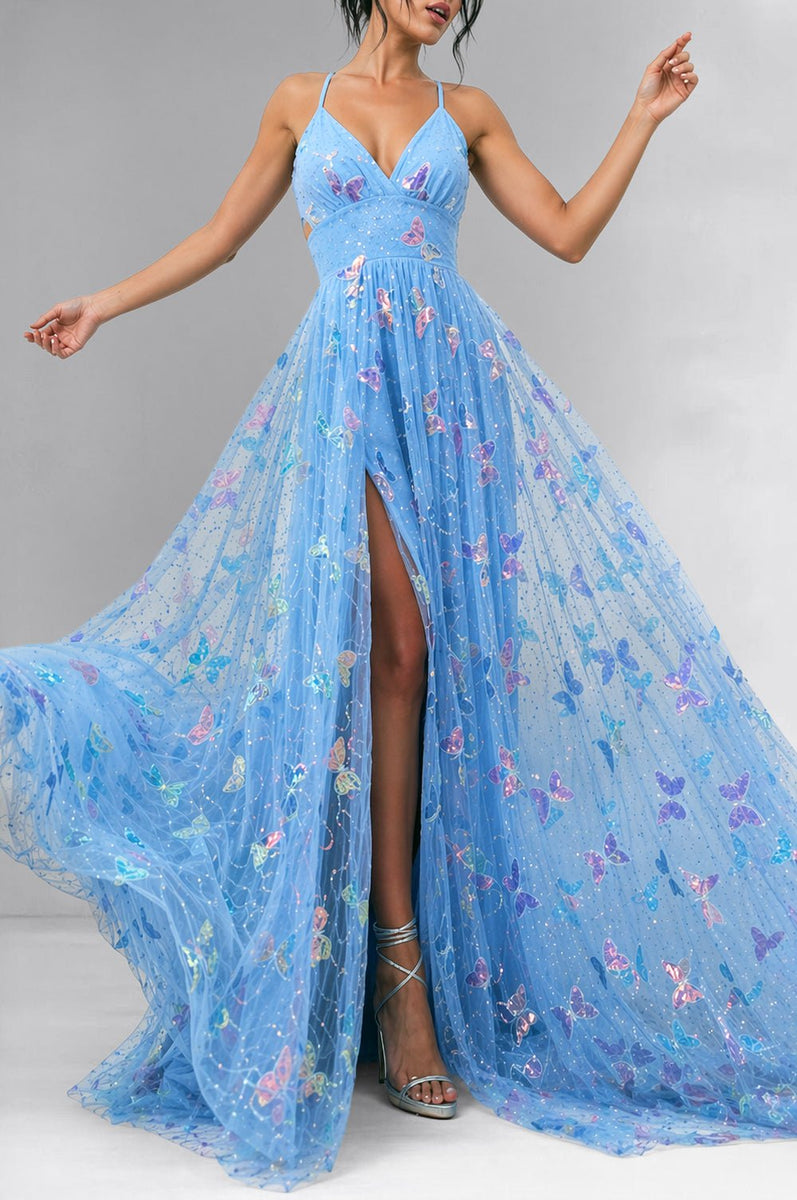 Baby Blue Butterfly Embroidered Sequins Slit Gown – Hot Miami Styles