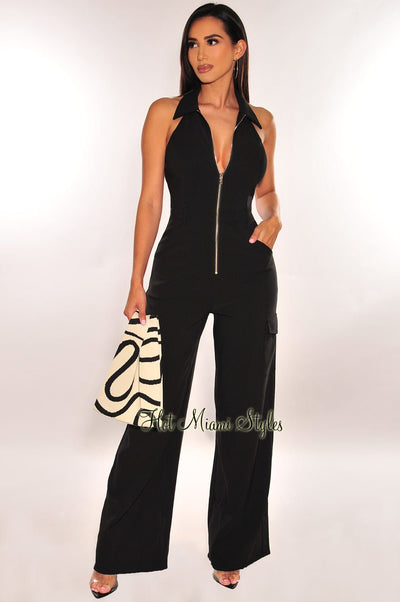 Black Collared Zipper Open Back Cargo Woven Wide Leg Jumpsuit - Hot Miami Styles
