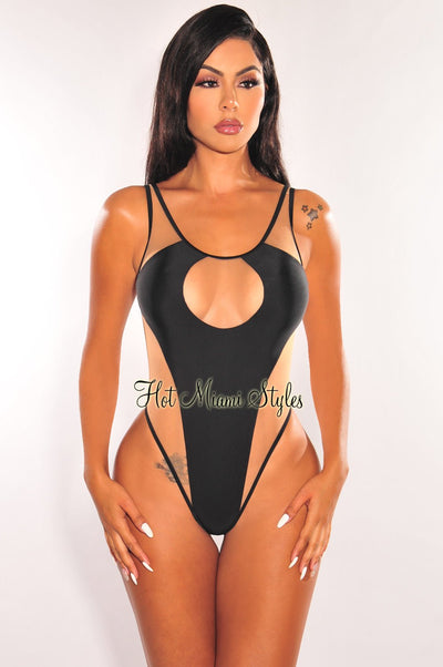 Black Nude Mesh Sheer Keyhole High Cut One Piece Swimsuit - Hot Miami Styles