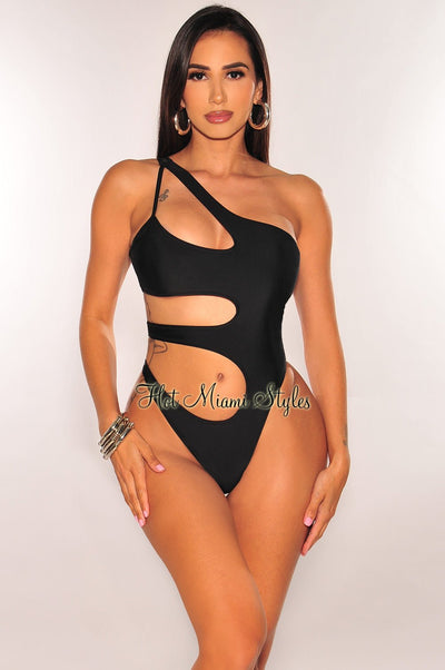 Black One Shoulder Cut Out Swimsuit - Hot Miami Styles