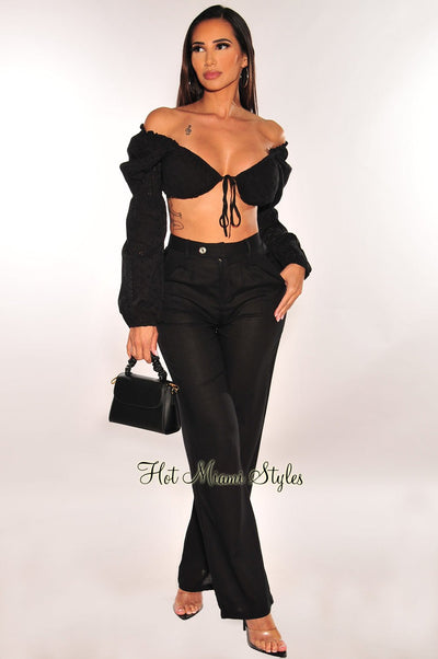 Black Peasant Tie Up Long Sleeve High Waist Palazzo Pant Two Piece Set - Hot Miami Styles