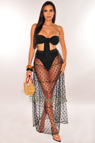 Black Polka Dot Sheer High Waist Maxi Skirt Cover Up - Hot Miami Styles