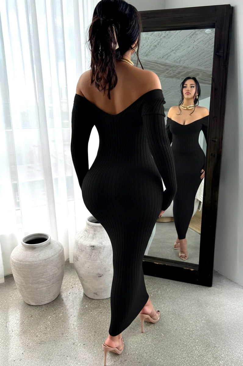 Black Ribbed Knit Long Sleeves Dress  Hot Miami Styles
