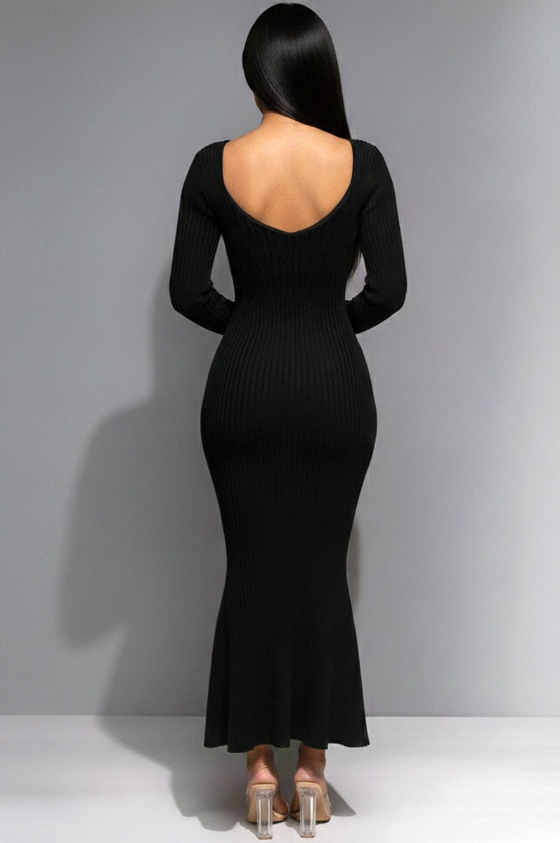 Black Ribbed Knit Long Sleeves Mermaid Dress Medium Black Ribbed Knit Long Sleeves Mermaid Dress Medium