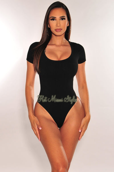 Black Ribbed Round Neck Short Sleeve Thong Bodysuit - Hot Miami Styles