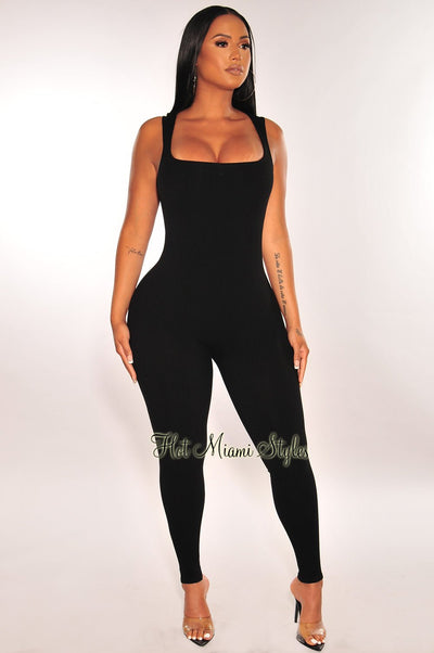 Black Ribbed Sleeveless Square Neck Jumpsuit - Hot Miami Styles
