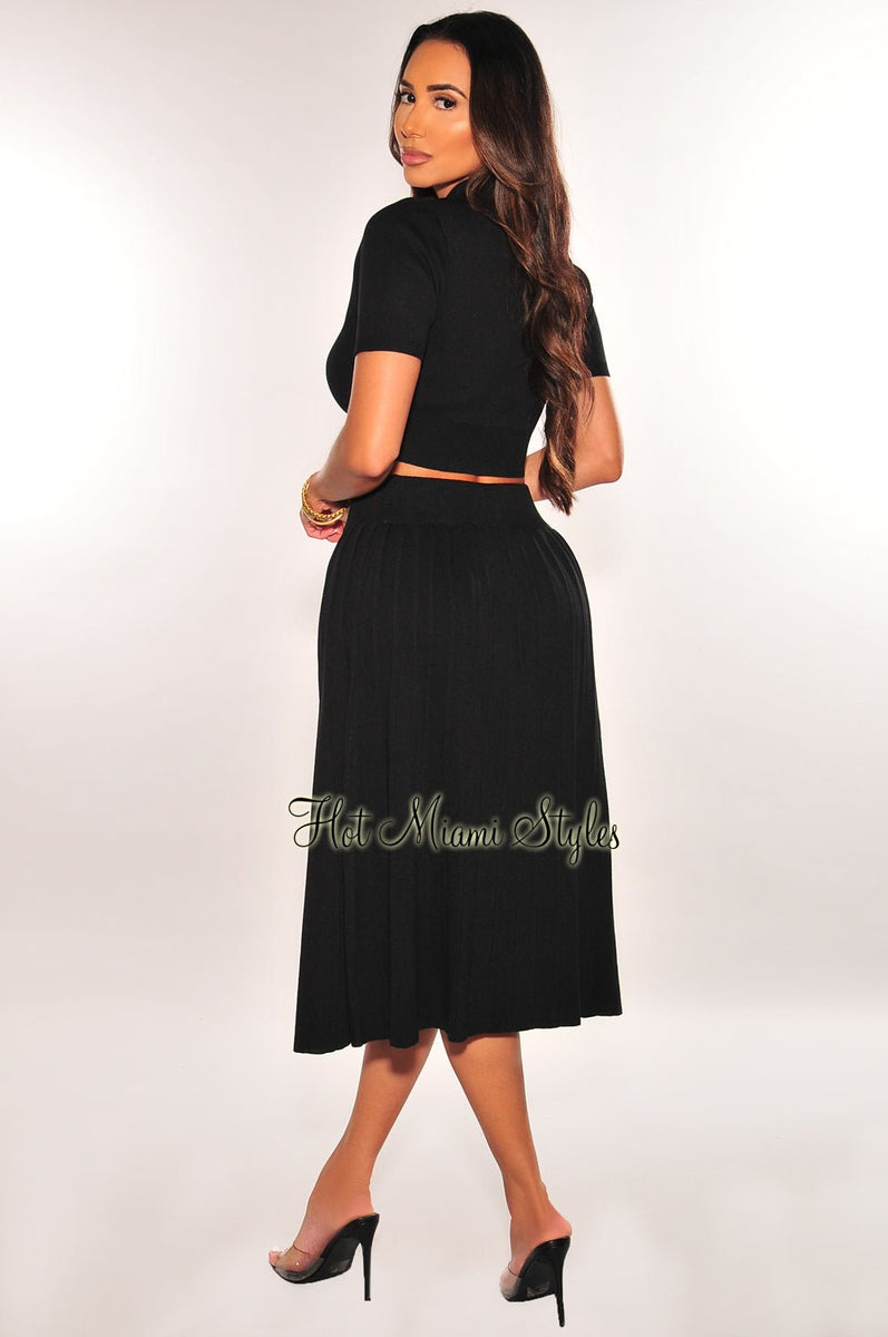 Black Short Sleeve Collared Button Up High Waist Pleated Skirt Two Pie ...