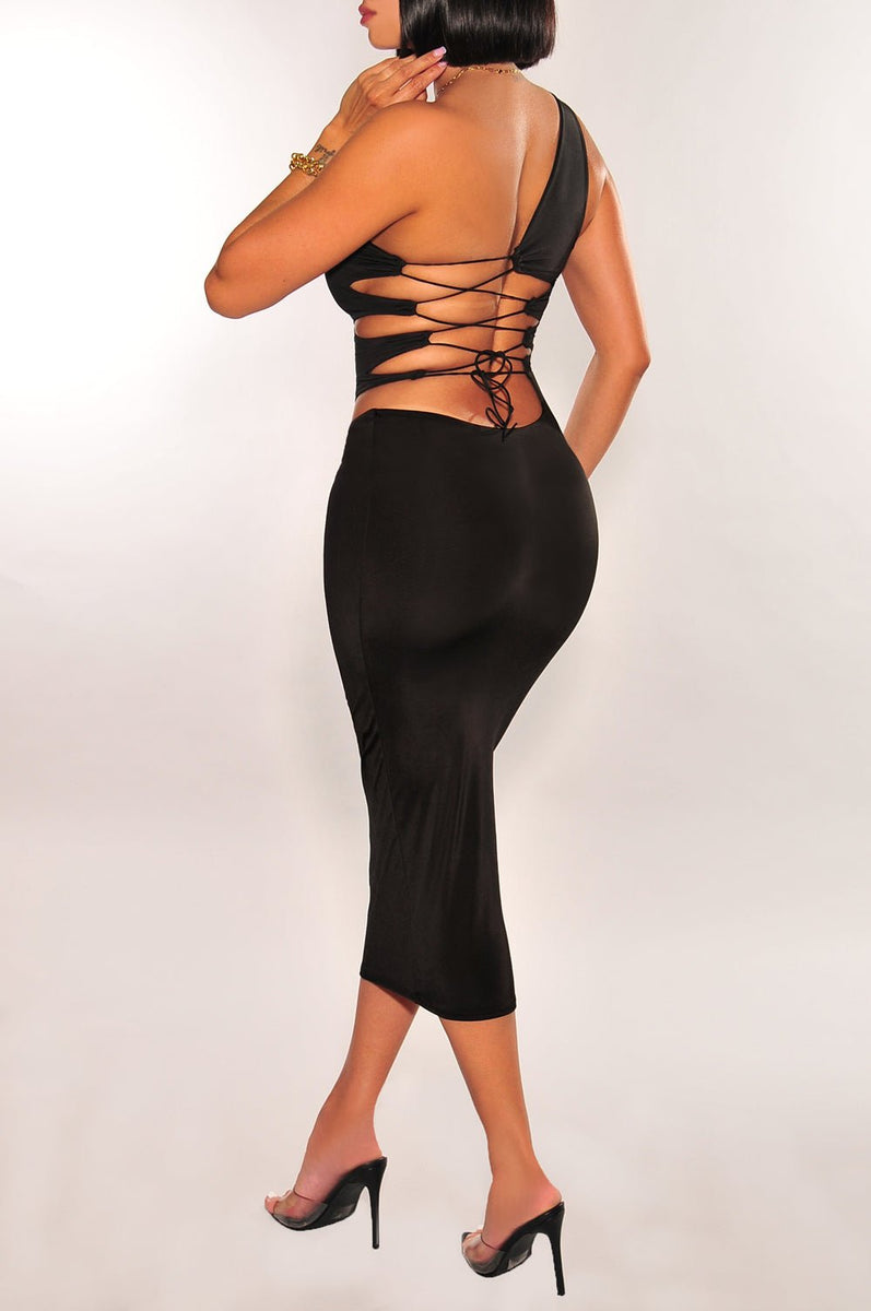 Black Silky One Shoulder Laced Up Back Dress  Hot Miami Styles
