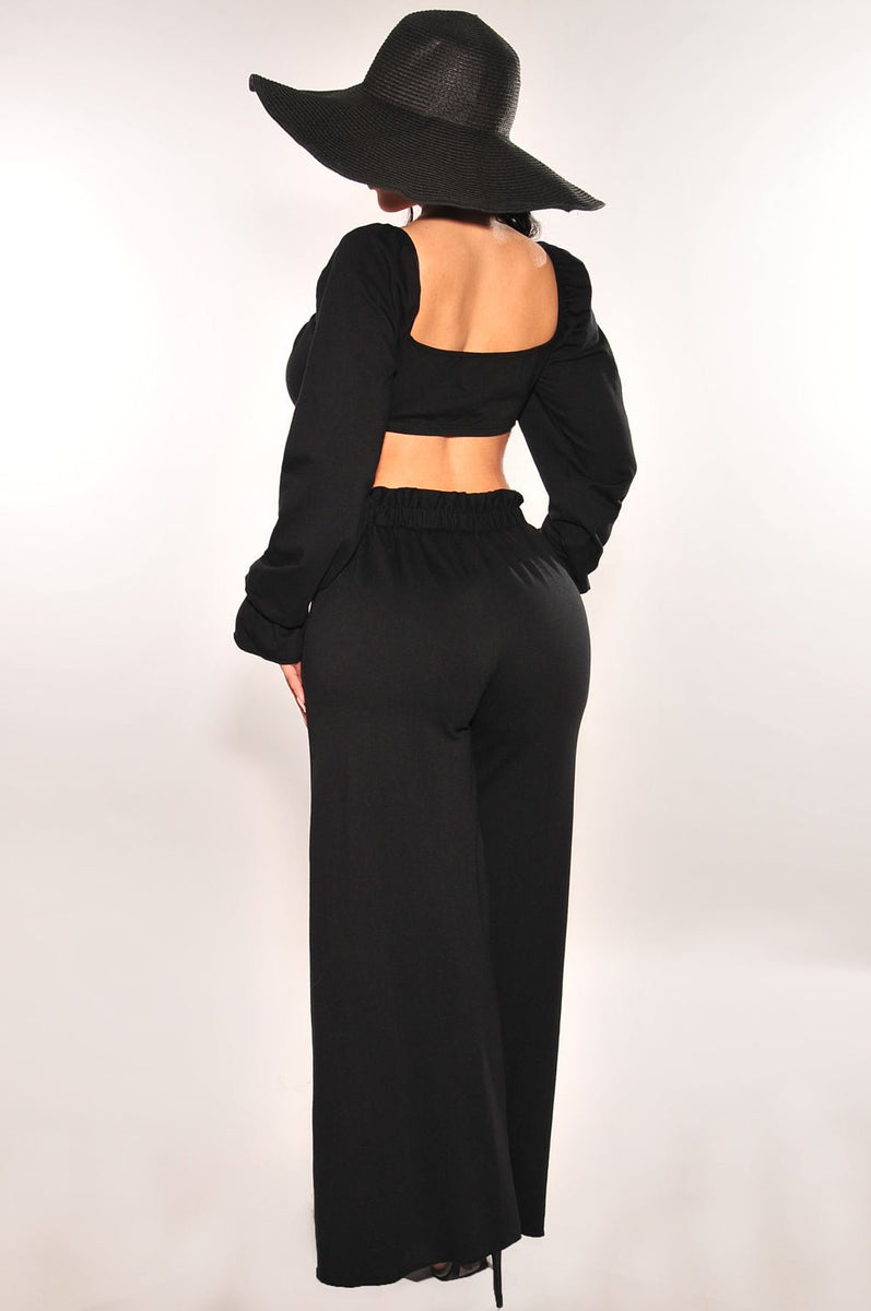 Black Tie Up Long Sleeve High Waist Palazzo Two Piece Set - Hot