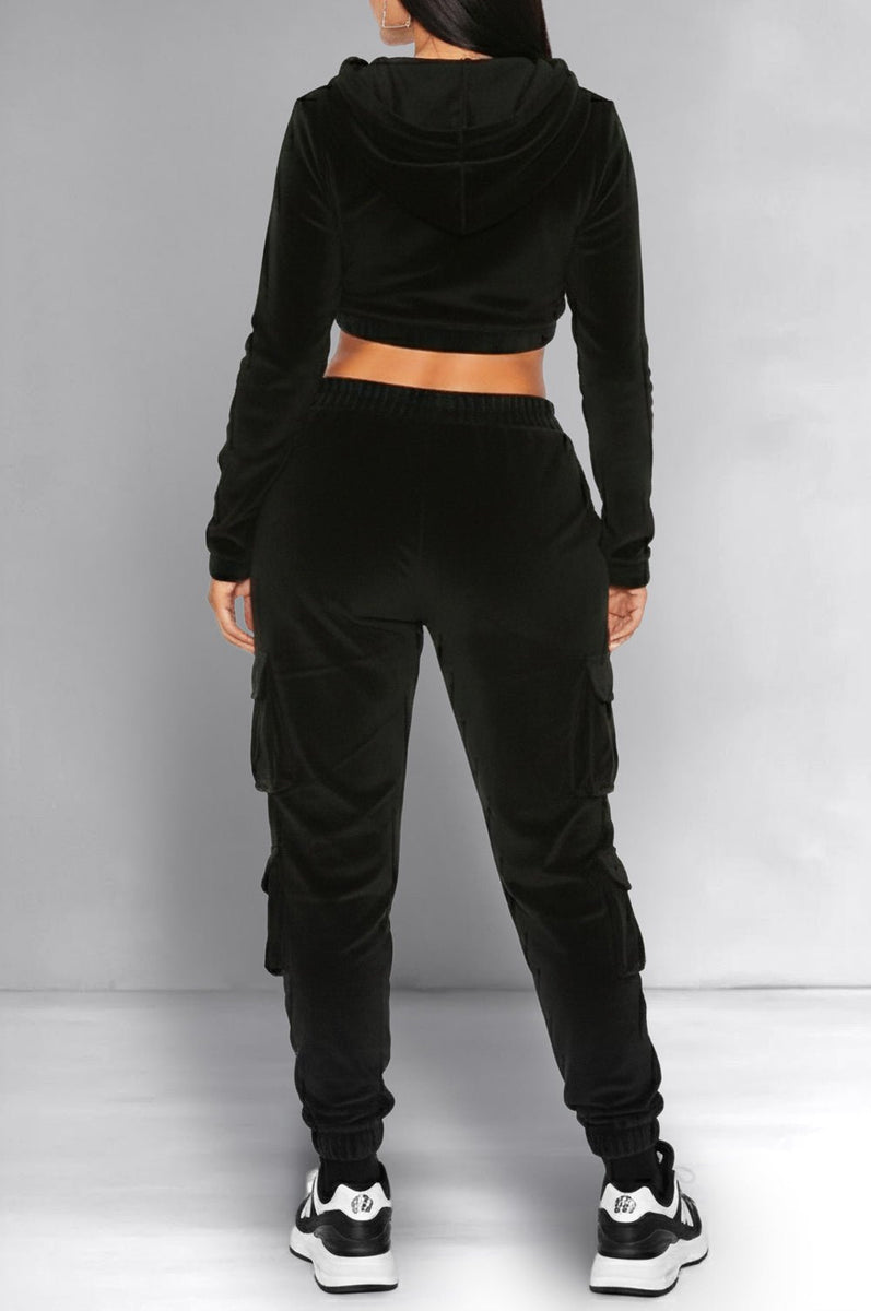 Black Velour Long Sleeve Zip Up Hooded Cargo Joggers Two Piece Set