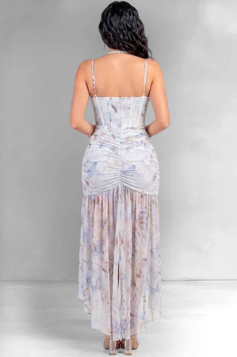 mesh sweetheart floral corset detachable layered maxi dress Women Lace Patchwork Mesh Maxi Dress Floral Print Cutout Sweetheart Neck  Backless Slit Summer Y2K Long Dresses S