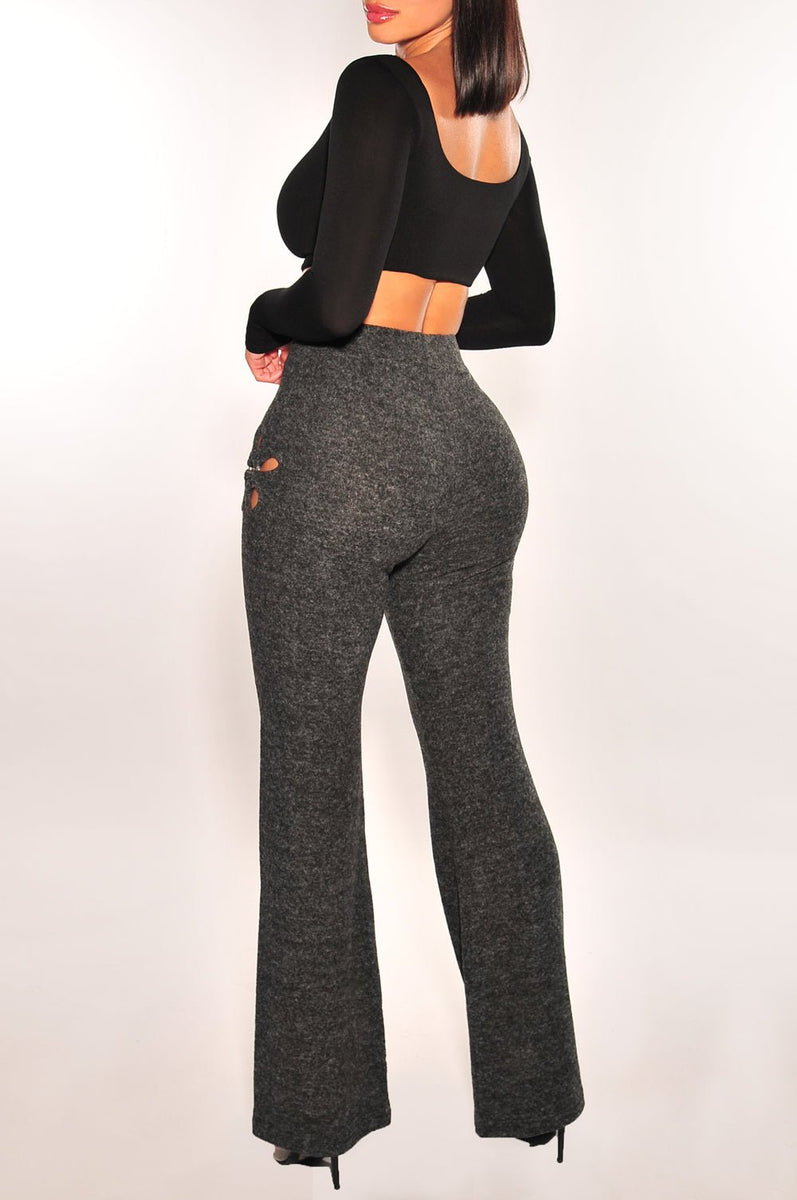 Charcoal Knit Flower Ring Flare Pants - Hot Miami Styles