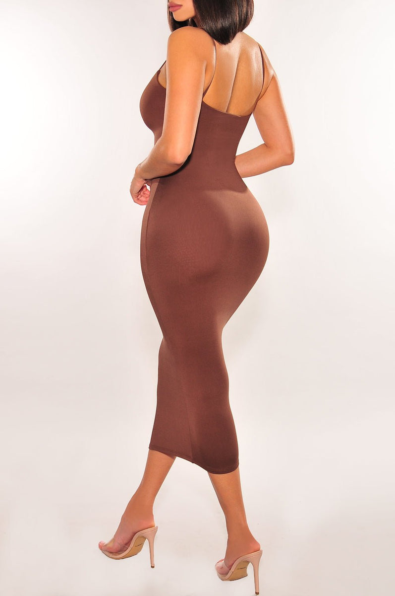 Chocolate Spaghetti Strap Square Neck Midi Dress Large