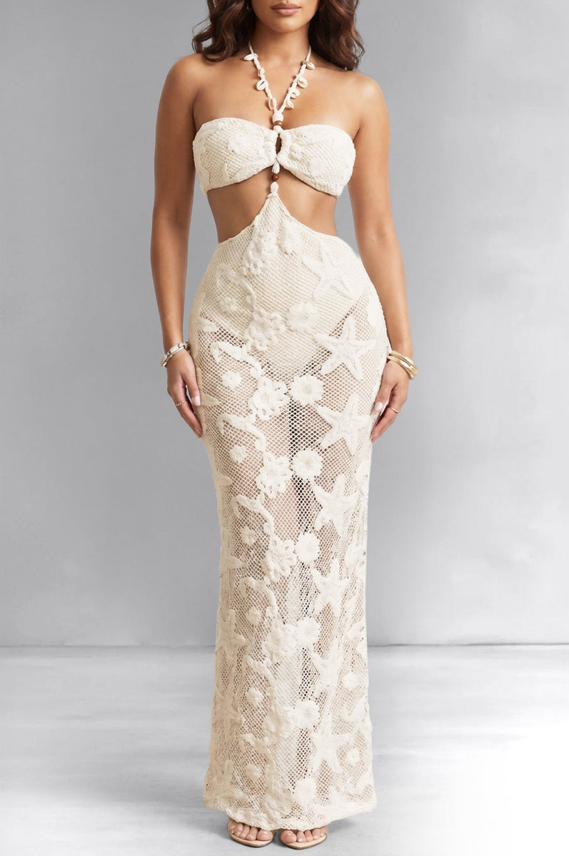 cut out crochet dress Cream Seashell Maxi – Hot Miami Styles Fully lined crochet midi Color:Tan Brown Maje Crochet dress with Style AC2407069D-BLK/ECRU