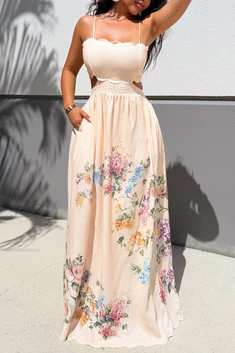 Cream Floral Print Cut Out Lace Up Maxi Dress