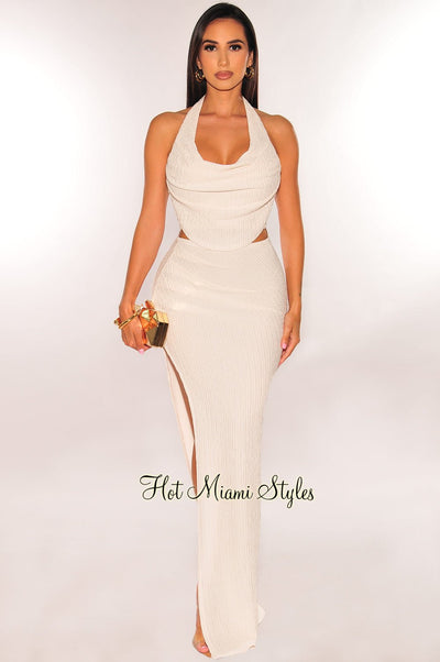 Cream Halter Cowl Neck Pleated Two Piece Skirt Set - Hot Miami Styles