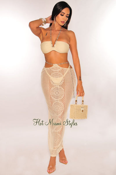 Cream Halter Jeweled Chain Bikini Skirt Three Piece Set - Hot Miami Styles