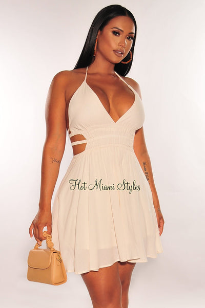 Cream Halter V Neck Strappy Back Babydoll Dress - Hot Miami Styles