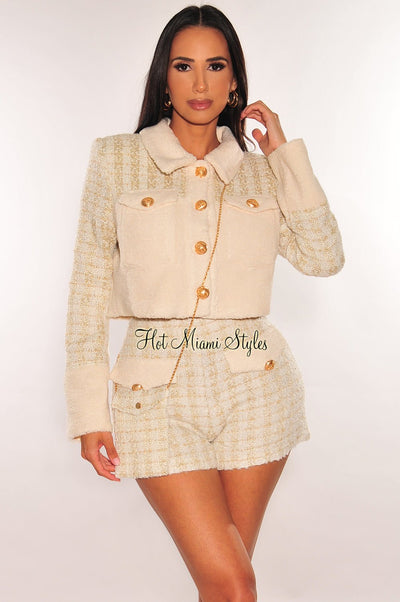 Cream Tweed Fur Collared Button Down Crop Long Sleeve Shorts Two Piece Set + Purse - Hot Miami Styles