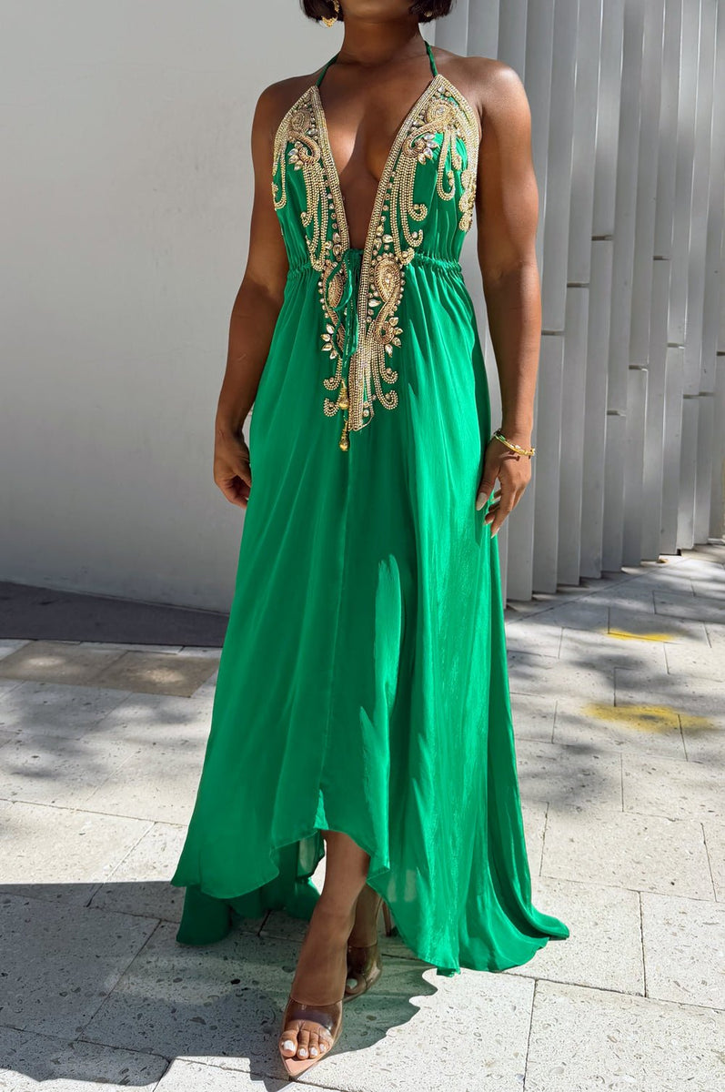 Emerald Halter Rhinestone Drawstring Asymmetrical Hem Maxi Dress
