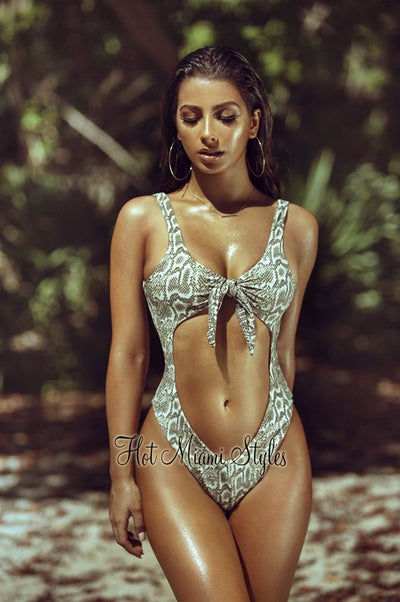 Gray Nude Snake Print Tie Up Cut Out Underboob Swimsuit - Hot Miami Styles