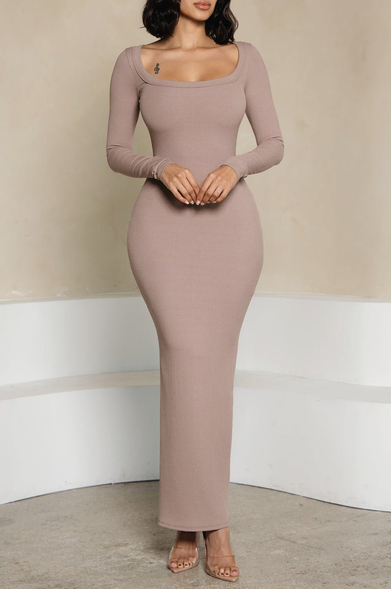 skin long dress HMS Skins: Almond Baby Rib Long Sleeve Maxi Dress Medium