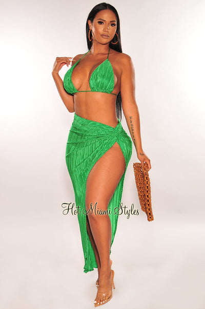 Kelly Green Ribbed Pleated Halter Triangle Top Knotted Slit Skirt Two Piece Set - Hot Miami Styles