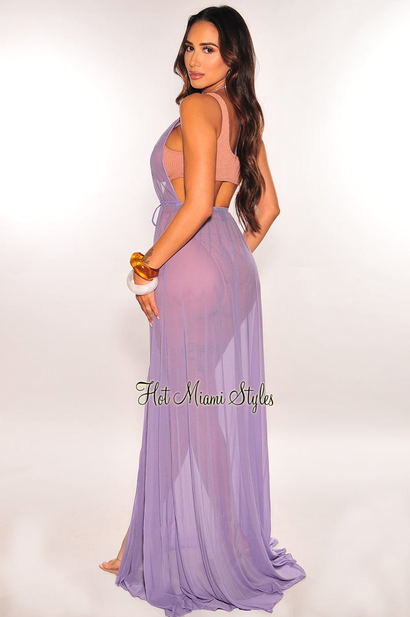 Lavender Mesh Halter Drawstring Open Back Maxi Cover Up - Hot Miami Styles Lavender Mesh Halter Drawstring Open Back Maxi Cover Up - Hot Miami Styles