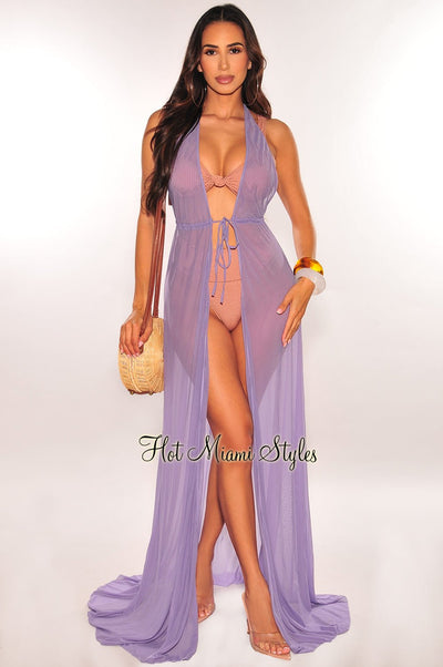 Lavender Mesh Halter Drawstring Open Back Maxi Cover Up - Hot Miami Styles