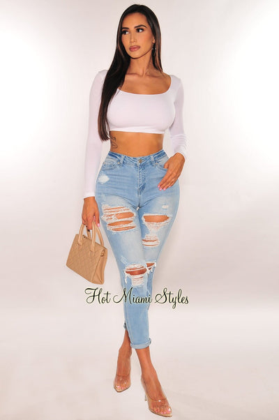 Light Denim High Waist Destroyed Skinny Ankle Jeans - Hot Miami Styles