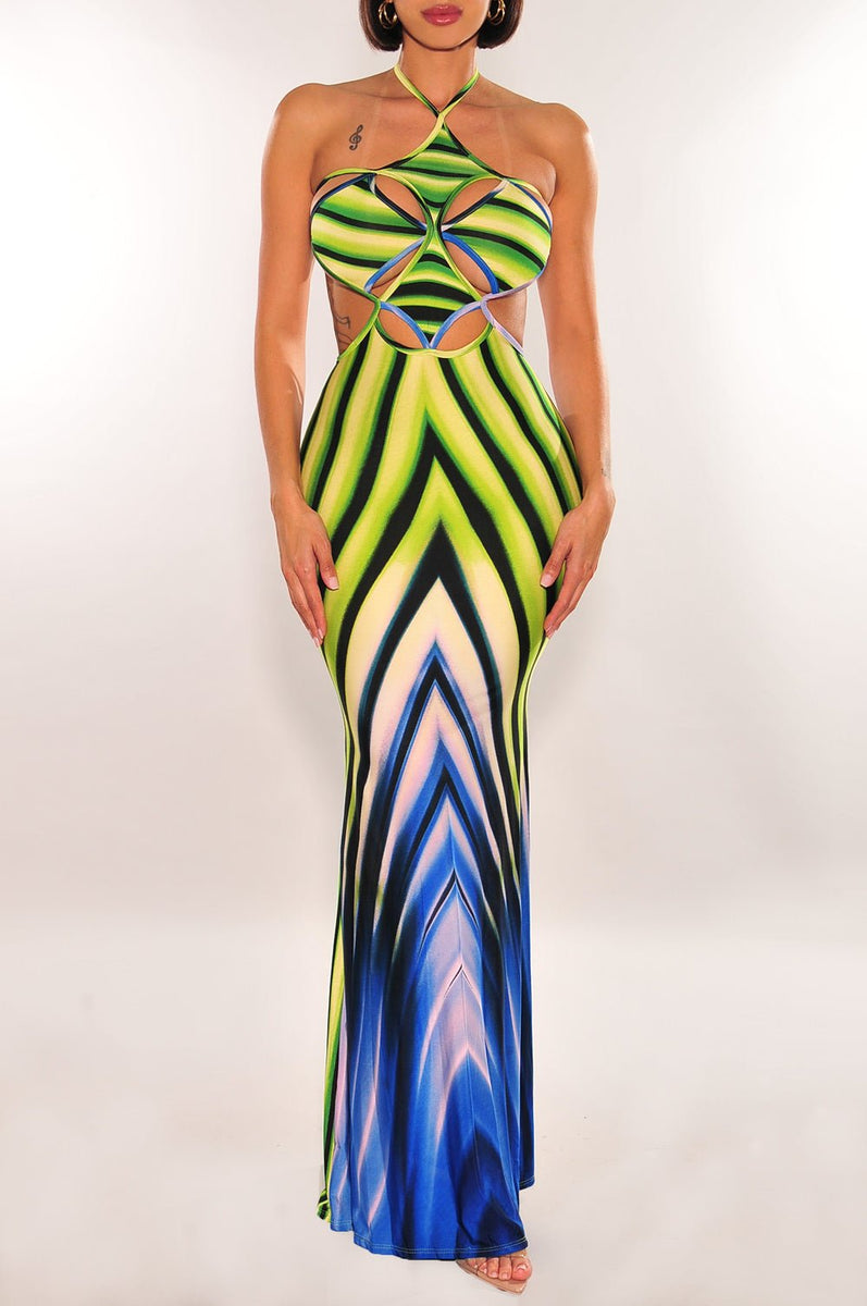 Lime Green Blue Print Halter Cut Out Tie Up Back Maxi Dress Large Lime Green Blue Print Halter Cut Out Tie Up Back Maxi Dress Large