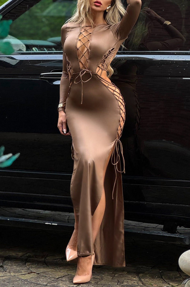 Mocha Faux Leather Lace Up Cut Out Double Slit Long Sleeve Dress - Hot Miami Styles Mocha Faux Leather Lace Up Cut Out Double Slit Long Sleeve Dress - Hot Miami Styles
