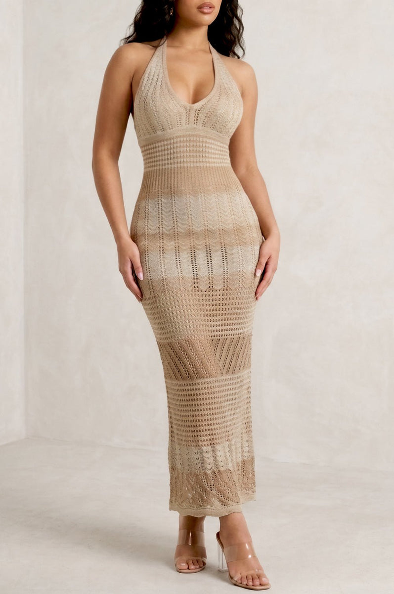 Mocha Latte Halter Crochet Maxi Dress Medium
