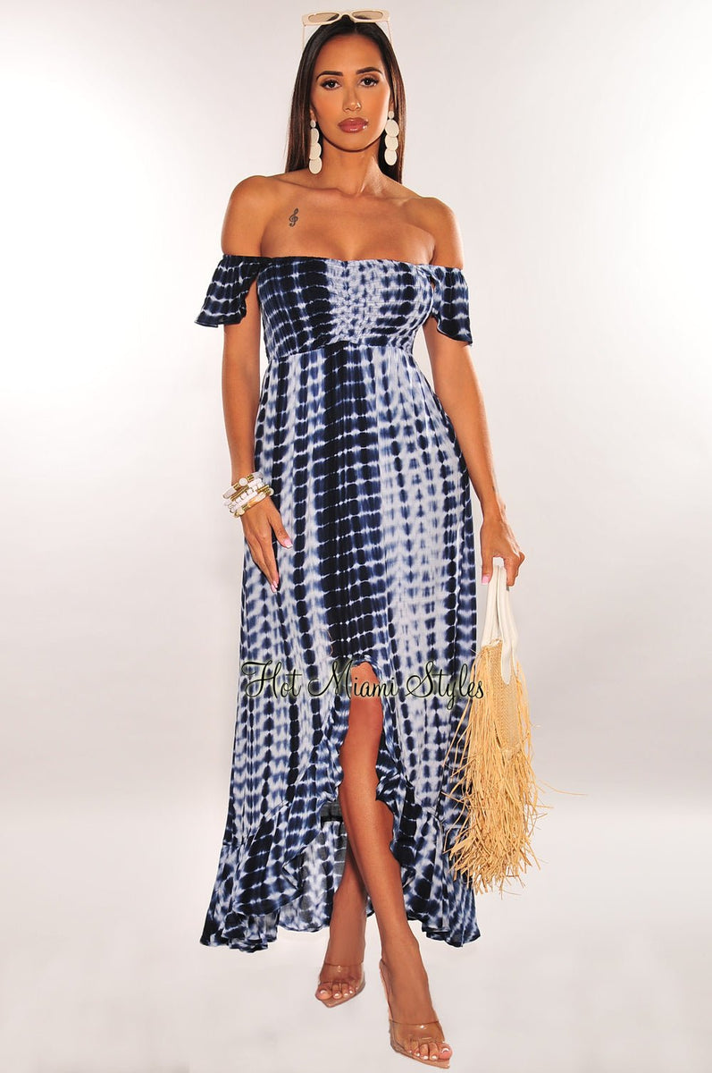 Navy Tie Dye Off Shoulder Smocked Ruffle Maxi Dress - Hot Miami Styles Large Navy Tie Dye Off Shoulder Smocked Ruffle Maxi Dress - Hot Miami Styles Large