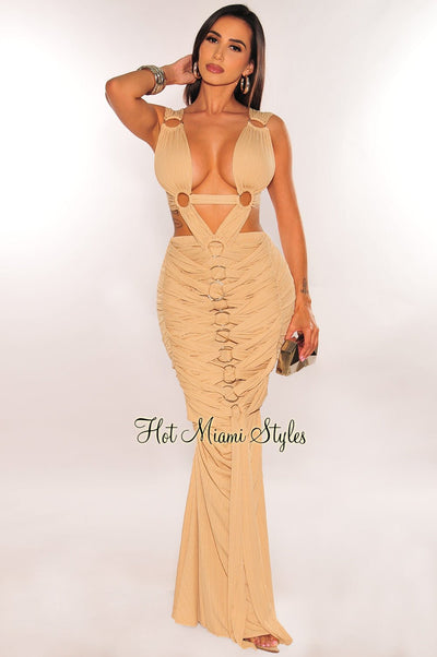 Nude Ribbed Cut Out O-Ring Pleated Gown - Hot Miami Styles
