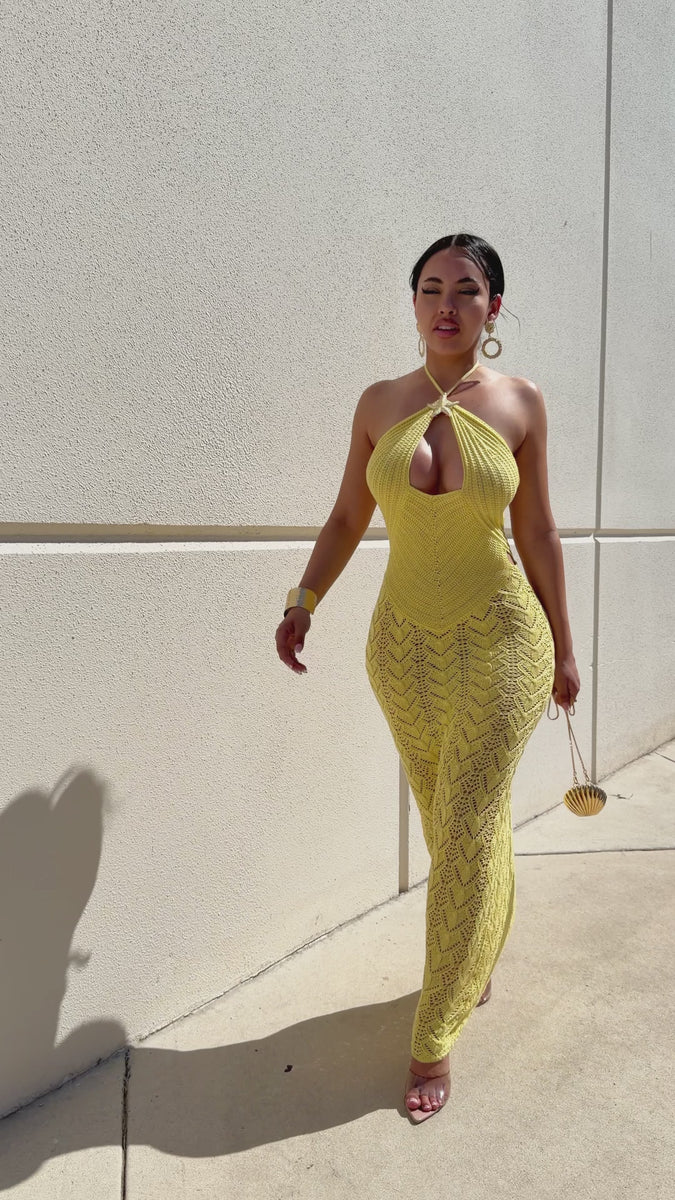 shape lime crochet knit halterneck open back maxi dress Halterneck Keyhole Cut Out Maxi Dress In Butter Yellow Crochet Knit | EGO  US
