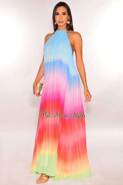 Rainbow Ombre Pleated Open Back Maxi Dress - Hot Miami Styles