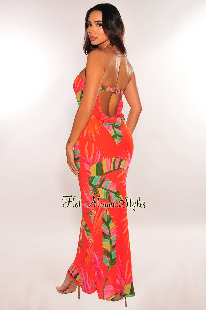 Red Tropical Palm Print Strapless Cut Out Back Maxi Dress Medium Red Tropical Palm Print Strapless Cut Out Back Maxi Dress Medium