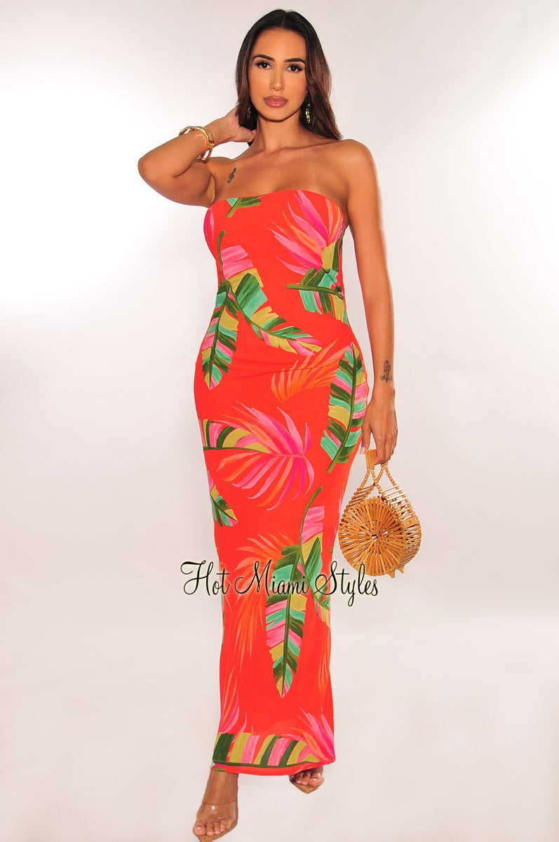 Red Tropical Palm Print Strapless Cut Out Back Maxi Dress Medium Red Tropical Palm Print Strapless Cut Out Back Maxi Dress Medium