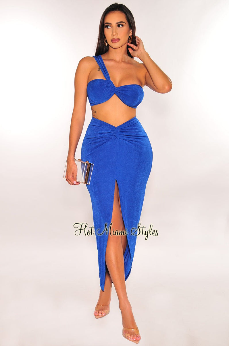 Royal Blue Ribbed One Shoulder Slit Knotted Skirt Two Piece