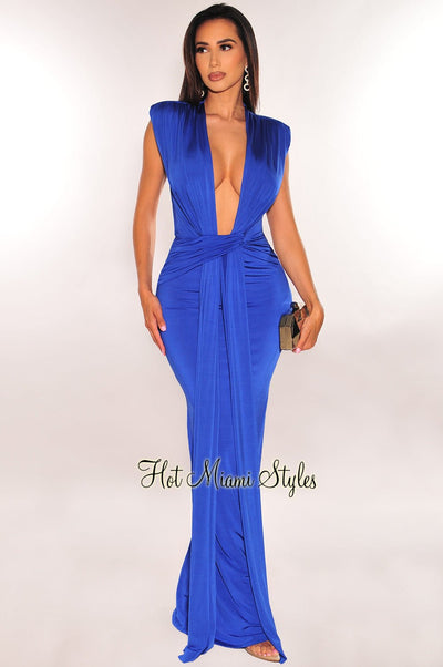 Royal Blue Silky Plunge Padded Shoulder Draped Maxi Dress - Hot Miami Styles