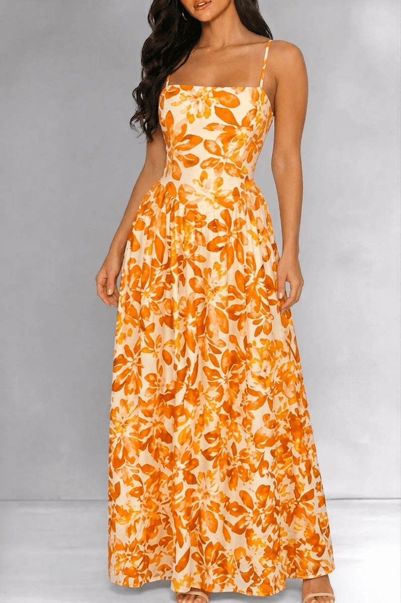 Tangerine Floral Print Spaghetti Strap Maxi Dress Small