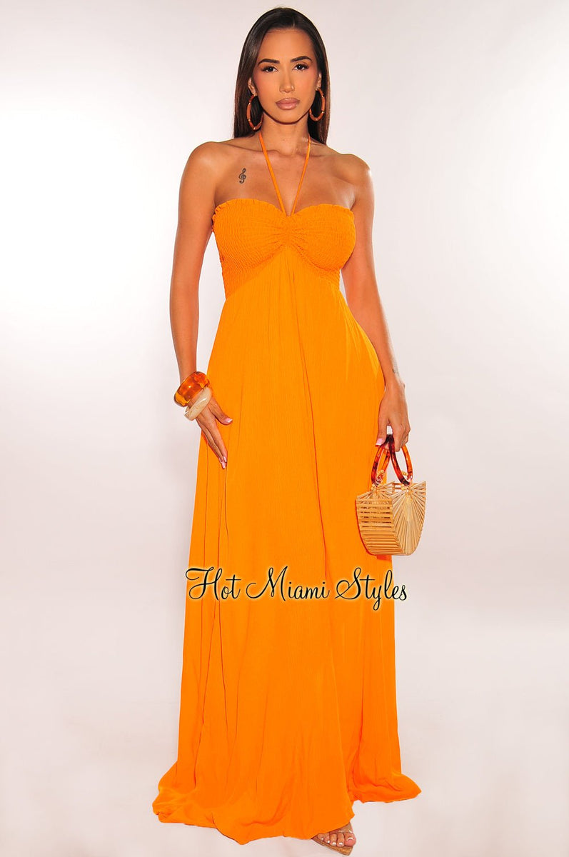 Tangerine Smocked Halter Maxi Dress Hot Miami Styles