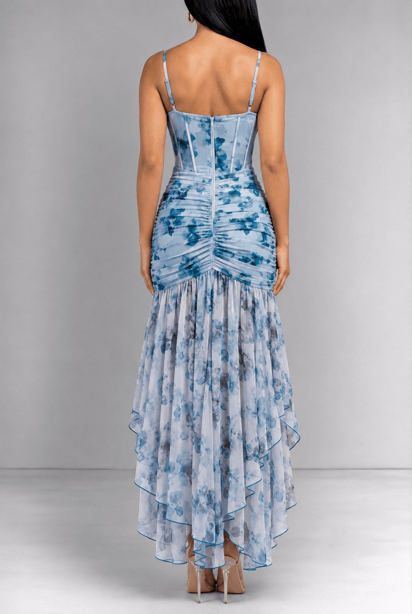 Teal Multi Color Floral Print Corset Mesh Asymmetrical Maxi Dress – Hot Miami Styles