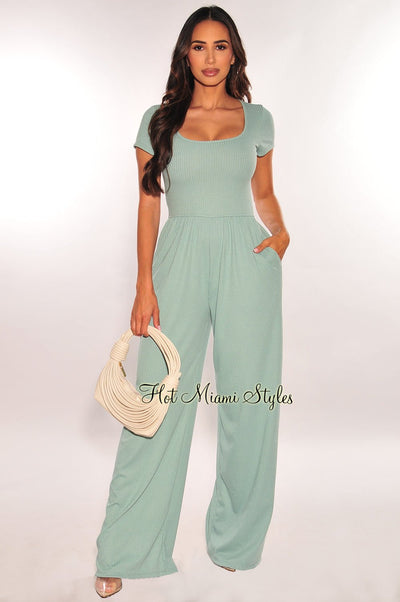 Teal Ribbed Short Sleeve Wide Leg Jumpsuit - Hot Miami Styles