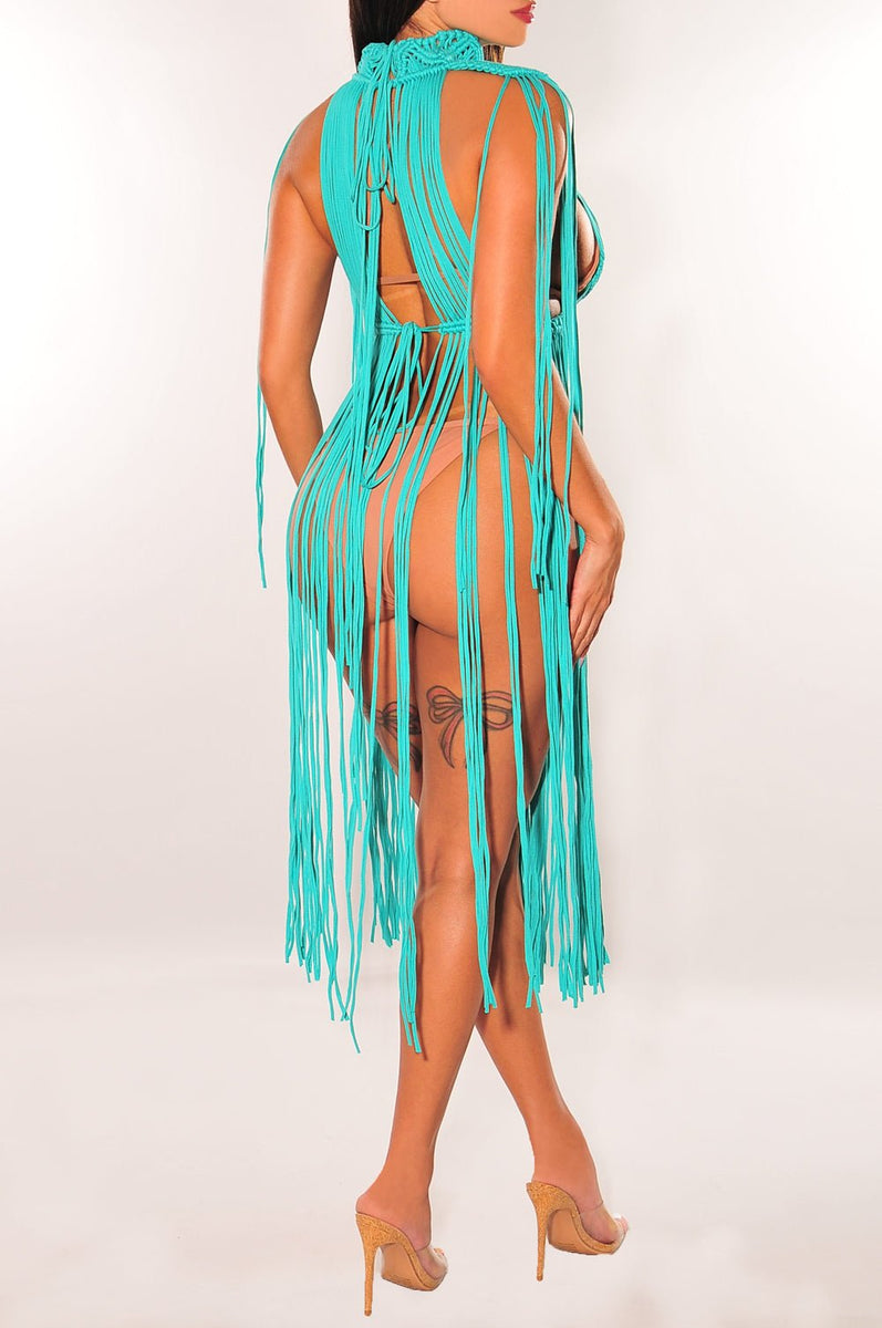Turquoise Crochet Cape Sleeves Fringe Cover Up Dress – Hot Miami Styles