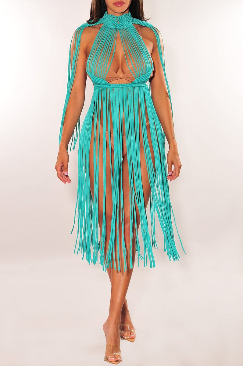 Turquoise Crochet Cape Sleeves Fringe Cover Up Dress  Hot Miami Styles