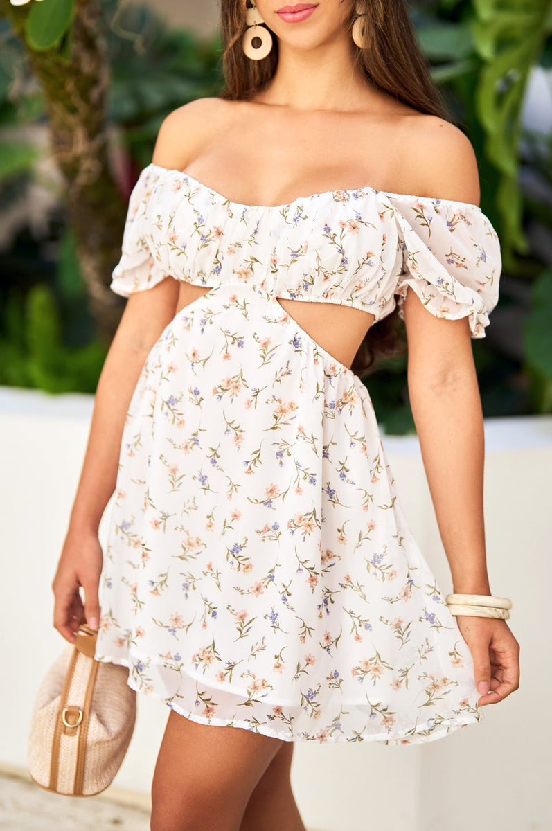 Babydoll Cut Dress White Floral Print Off Shoulder Short Sleeve Cut