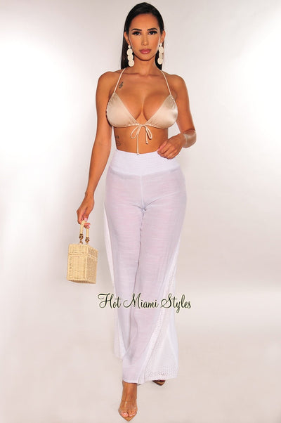 White Linen Crochet Cover Up Pants - Hot Miami Styles